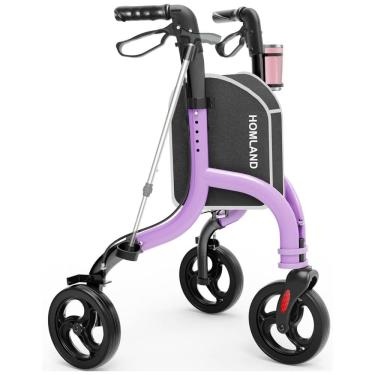 Imagem de Andador Dobrável para Idosos de 3 Rodas com Suporte para Bengala e Altura Ajustável, HOMLAND, Roxo