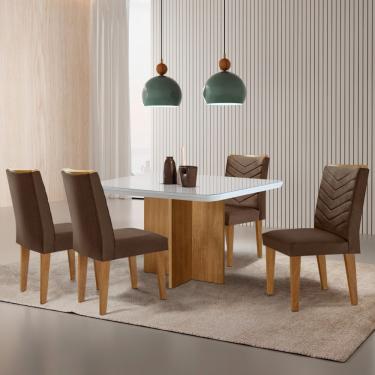 Imagem de Sala de Jantar Mesa 90cm Olímpia em MDF com Vidro Canto Copo 4 Cadeiras Liz Moderna Mobilia - Veludo Marrom/Off/Nat/Serig Off
