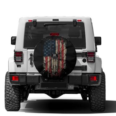Imagem de Foruidea Com uma capa de pneu sobressalente da bandeira americana com furo de câmera de reserva, capa de pneu de roda para trailer, trailer, SUV e muitos veículos de 17 polegadas