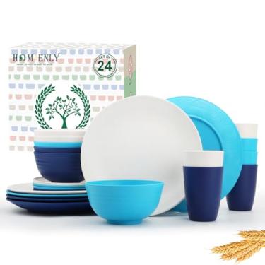 Imagem de Homienly Conjunto de 24 peças de louça de palha de trigo para 6, pratos de jantar, pratos de sobremesa, tigelas de cereal, copos de bebida, inquebráveis para lava-louças e micro-ondas, conjuntos de