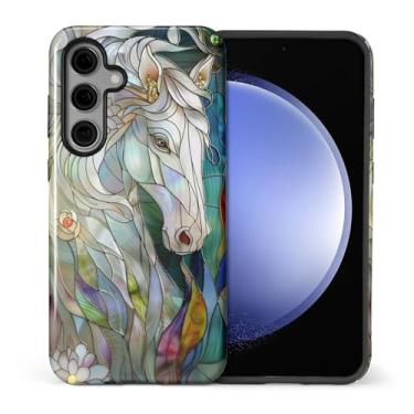 Imagem de CARLOCA Compatível com Samsung Galaxy S24 Plus Capa protetora de corpo inteiro brilhante para meninas meninos à prova de choque moda estética padrão cavalo branco vitral 3D