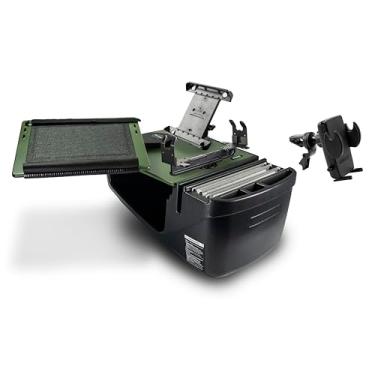Imagem de AutoExec AE-RDFS-PS-TAB-VC-AG Reach Desk banco dianteiro carro mesa e estação de trabalho portátil com suporte para impressora, suporte para tablet e clipe de ventilação do telefone, verde exército