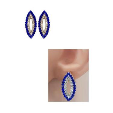 Imagem de Brinco Navete Strass Azul Turquesa c/Branco Folheado Ouro 18k Antialér