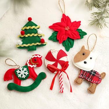 Imagem de Conjunto de 5 enfeites de Natal de feltro – cachorro, cavalo de balanço, flor, árvore, pirulito, formas únicas, decoração de pendurar macia e à prova de estilhaçamento para árvore de Natal, casa