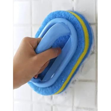 Imagem de Esfregão de banheiro multisuperfícies – Escova de limpeza com alça removível para banheiros, paredes de vidro e azulejos de cerâmica, esponja antiarranhões com cabeça angular (amarelo/azul).