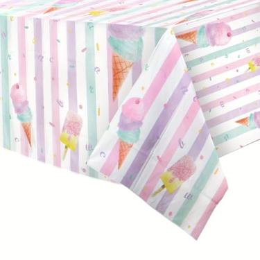 Imagem de Toalha de mesa de sorvete – 2 peças de toalha de mesa retangular descartável de plástico de 137 x 272 cm – decoração temática de sorvete e picolé para festa de aniversário