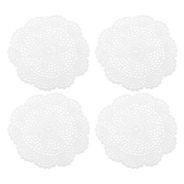 Imagem de Doilies de crochê, 4 peças de 20 cm - porta-copos de crochê feito à mão, jogo americano de renda redonda com padrões florais para decoração de festa de casamento (branco)