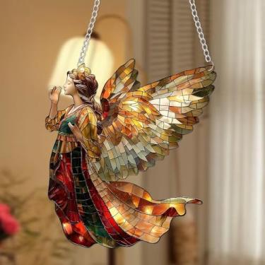 Imagem de Acrílico colorido anjo com asas apanhador solar – decoração de janela de imitação de vidro de efeito, ornamento de jardim vívido e casa, presente ideal para entusiastas da natureza, 1 peça