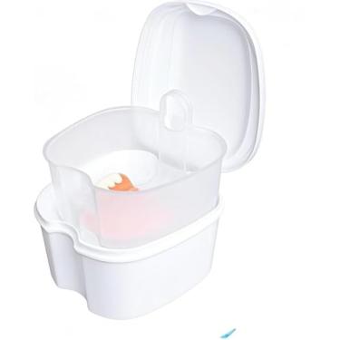 Imagem de 1 estojo para dentadura dentária, protetor bucal dentário, limpeza de caixa de banho com escova, cesto de filtro e tampa à prova d'água - branco