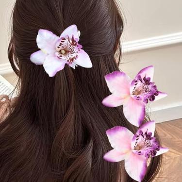 Imagem de 2 peças de grampos de cabelo coreanos havaianos com flores de orquídea para cabelo de orquídea, acessórios de vestido extravagante tropical, moda feminina, roxo claro
