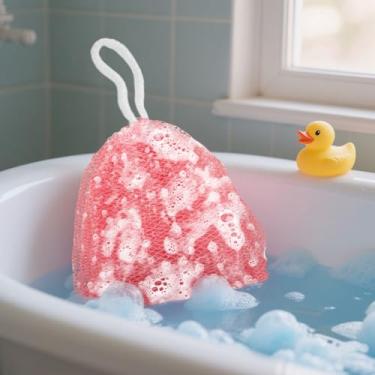 Imagem de Esponja de rede africana, esponja esfoliante corporal africana de nylon, esponja de banho esfoliante nas costas para chuveiro com alça de corda, acessórios de banho esfoliante (vermelho melancia)