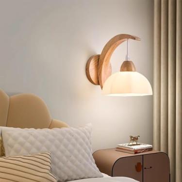 Imagem de GZZBMY E27 interior apliques de parede modernos de madeira candeeiros de parede com abajur de vidro quarto iluminação para sala de estar corredor escadas (luz quente) (B)