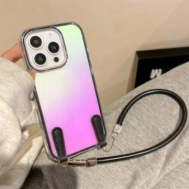 Imagem de Capa de couro de luxo com cordão para pulso Aurora Gradient Case para iPhone 16 15 14 13 Pro Max Plus 12 11 Laser Shockproof Slim Cover (para iPhone 16/preto)