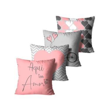 Imagem de Kit com 4 Capas de Almofadas Decorativas Aqui Mora Amor Rosa e Cinza -