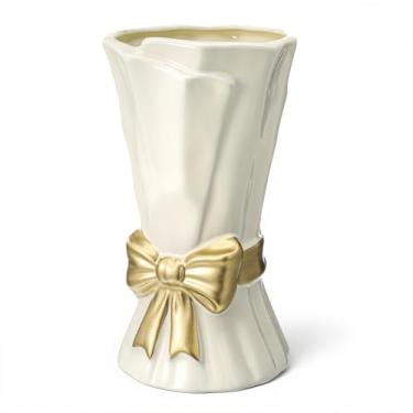 Imagem de Vaso com laço de cerâmica, vaso de flores brancas para decoração de casa, vasos de cerâmica branca para estilo boêmio, buquê moderno, vasos de flores de 23 cm, vaso grande para decoração de prateleira