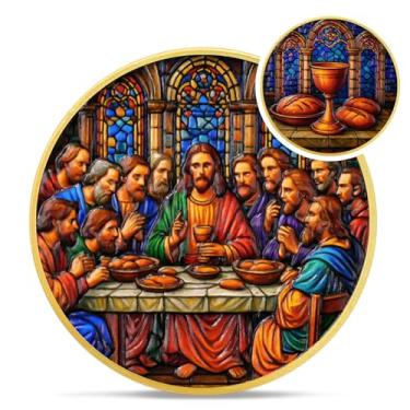 Imagem de Moeda do Desafio Cristão da Última Ceia - Símbolo de Jesus Eucaristia de Vidro Colorido - Arte Religiosa Bolso de Deus Versículos da Bíblia Moedas para Estudo - Presentes comemorativos de boa sorte