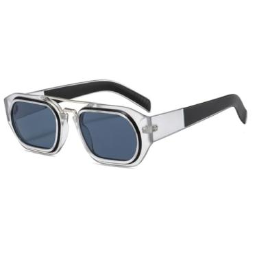 Imagem de HCPIHF Óculos de sol retrô da moda UV400, armação degradê, ponte dupla, estilo punk, masculino e feminino (transparente, preto e branco)