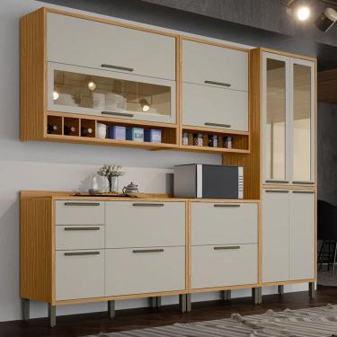 Imagem de Armário de Cozinha Modulada com Balcão e Tampo 11 Portas 4 Gavetas ágata 100% Mdf Vidro Reflecta Amêndoa/Off White - Pnr Móveis