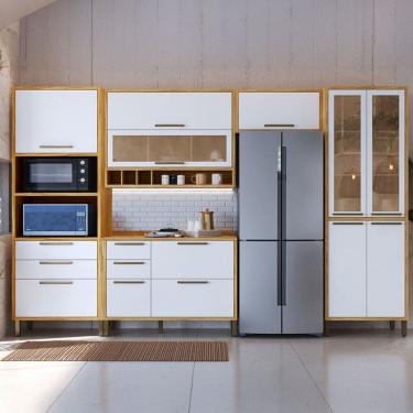 Imagem de Armário de Cozinha com Balcão e Tampo 11 Portas 5 Gavetas Pérola 100% Mdf Vidro Reflecta Amêndoa/Branco - Pnr Móveis