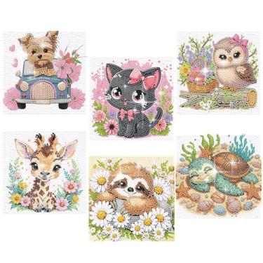 Imagem de ajepon 6 Pack Animal Diamond Art Kits for Kids, Cute Animals Diamond Art for Kids Ages 8-12, Cat Dog Turtle Sloth Giraffe Owl Diamond Painting Kits for Kid for Gift Home Wall Decor (6x6inch)