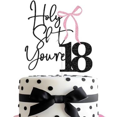 Imagem de Topo de bolo com laço de glitter preto Holy Shit You're 18, laço nó Happy Sweet 18 decoração de bolo, decoração de festa de aniversário de 18 anos com tema de laço de coquete