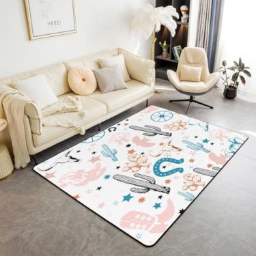 Imagem de jejeloiu Tapete de área asteca ocidental rosa infantil cowboy selvagem tapetes de sala de estar para quarto 3x5 ferraduras cacto touro caveira botas boho decoração rústica tapete para mulheres homens