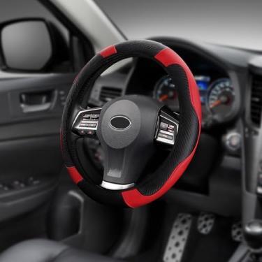 Imagem de HQRNYP Capa de volante de carro, protetor de volante, capa de couro durável de 38 cm com forro antiderrapante, acessórios universais de couro de microfibra de fibra de carbono para a maioria dos