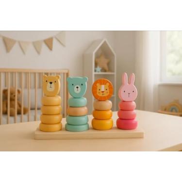 Imagem de Brinquedo Pedagógico de Encaixe de Argolas Animais Madeira Colorido 4 Colunas Empilhável Didático Montessori 3 Anos +