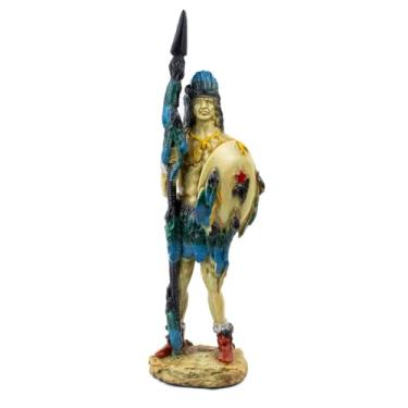 Imagem de Escultura Índio Guerreiro Com Lança e Escudo 32 cm em Resina