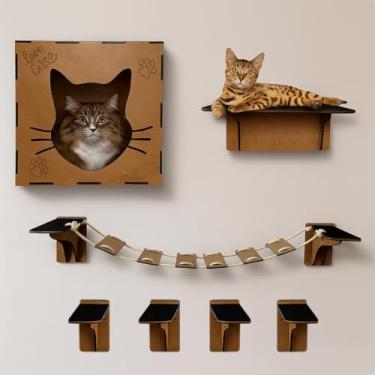 Imagem de Playground Brinquedo 7 Peças Para Gatos Gatificação de Parede Circuito Em MDF Com Carpete Antiderrapante Preto