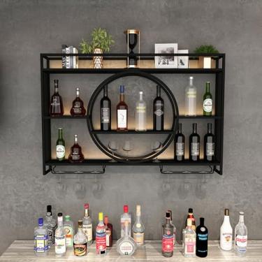 Imagem de Prateleira de vinho de metal montada na parede com suporte de vidro - Exibição de vinho redonda industrial moderna para decoração de cozinha, bar, sala de jantar