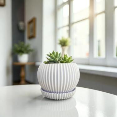 Imagem de Kit 1/2/3 Vasos para Suculentas com Bandeja – Mini Vaso Decorativo Cachepô para Plantas Naturais em Textura Ondulada(BRANCO)