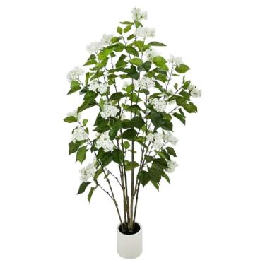 Imagem de Alonfale Hortênsia artificial de 1,8 m com 29 flores, planta falsa em vaso para decoração de escritório em casa, folhas realistas e galhos dobráveis, plantador branco (1,8 m)