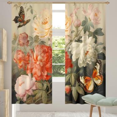 Imagem de 2 conjuntos de painéis de flores borboletas retrô coloridas cortinas transparentes arejadas com filtro leve painéis de cortina leve cortina de porta para janela para sala de estar, quarto, jantar, 192