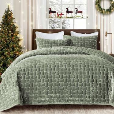 Imagem de Grassix Colchas de veludo tamanho Queen – Conjunto de colcha de luxo macio verde sálvia, edredom de veludo leve para todas as estações, colcha geométrica com 2 fronhas
