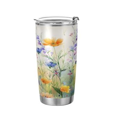 Imagem de xigua Copo de flores silvestres de jardim aquarela com tampa de palha, caneca de viagem a vácuo de parede dupla, caneca de café bem isolada, copo de aço inoxidável para bebidas quentes e frias, 600 ml