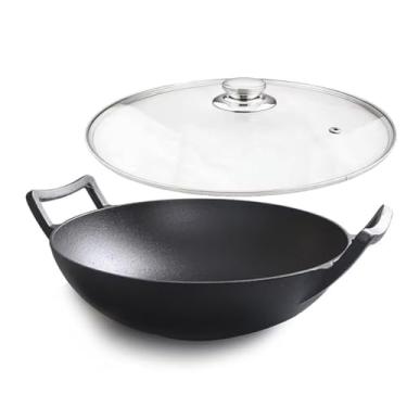 Imagem de HCXCQLSUY Wok de ferro fundido com tampa (Wok com tampa 30,5 cm)