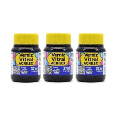 Imagem de Kit 3 Verniz Vitral Acrilex Azul Cobalto 502 37ml – Acabamento Brilhante para Vidro, Copos, Garrafas, Vasos, Cerâmica e Porcelana