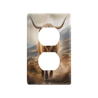 Imagem de Blueangle Placa de parede Highland Cow Duplex Outlets, tamanho padrão, placas de cobertura de tomada elétrica de 1 gangue para decoração de quarto de escritório em casa, 4,53 x 2,76 polegadas (559)