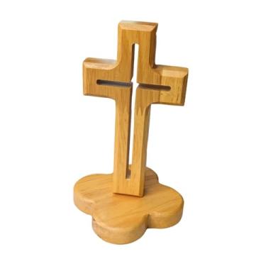 Imagem de Baoblaze Cruz de madeira decorativa para mesa com suporte, crucifixo de madeira, peça central de mesa, decoração para sala de estar, Base de Flor Oca