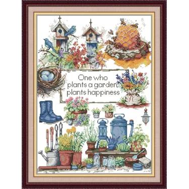 Imagem de CrossNest Kit de ponto cruz contado de 14 quilates para iniciantes, conjunto completo de bordado DIY não impresso com padrão e ferramentas, pano Aida premium e fios (vida no jardim)