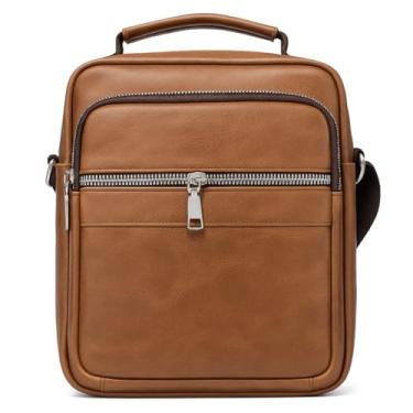 Imagem de Bolsa Transversal Masculina Couro Resistente com Vários Bolsos Tiracolo Ombro Alça Ajustável (Caqui)