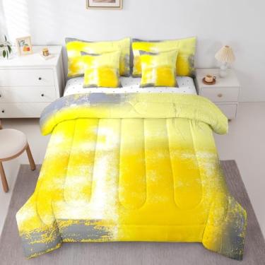 Imagem de Homewish Conjunto de edredom completo abstrato amarelo e cinza com lençol para meninos e meninas com estampa de pintura de arte moderna em uma bolsa, conjunto de cama de 7 peças, decoração de quarto