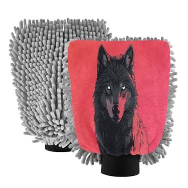 Imagem de STAYTOP Luvas de lavagem de carro Cool Wolf Face 2 peças, luvas de microfibra de chenille sem arranhões, panos de esponja de lavagem ultra absorventes para carros, limpeza doméstica - M