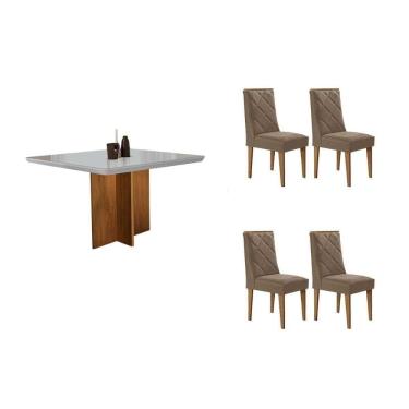 Imagem de Sala Jantar Mesa Berlim Tampo c/ Vidro Curvo 90cm+4 Cadeiras Pietá Madeira Naturale/Off White - Capuccino/Corano Capuccino - Rufato