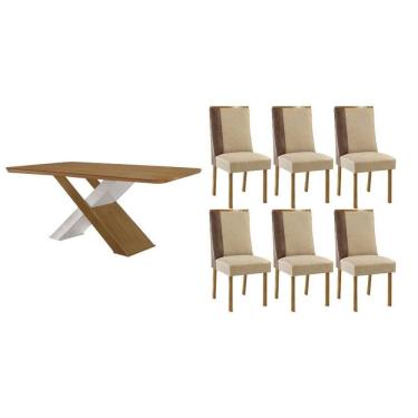 Imagem de Sala Jantar Mesa Imperatriz Tampo Curvo 180cm+6 Cadeiras Tilia Madeira Naturale/Off White - Capuccino/Linho Bege - Rufato