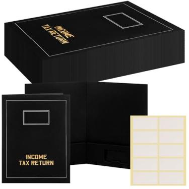 Imagem de Kisston 25 pastas de declaração de imposto de renda, 2 bolsos, 2 bolsos, folhas douradas estampadas com etiquetas em branco, organizador de arquivo comercial (preto)