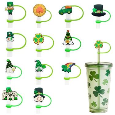 Imagem de 12 peças de capas de palha de silicone para Dia de São Patrício 10 mm Topper de palha de trevo verde chapéu de gnomos irlandeses tampas de canudo acessórios para copos