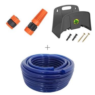 Imagem de Kit mangueira siliconada 20m para jardim azul com esguicho e engate ro