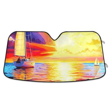 Imagem de Veleiro, mar, pôr do sol, cores, personalizado, pára-brisa de carro, para-sol, guarda-sol, engraçado, retrátil, dobrável, para protetor de janelas dianteiras S, 134,6 cm x 59,7 cm